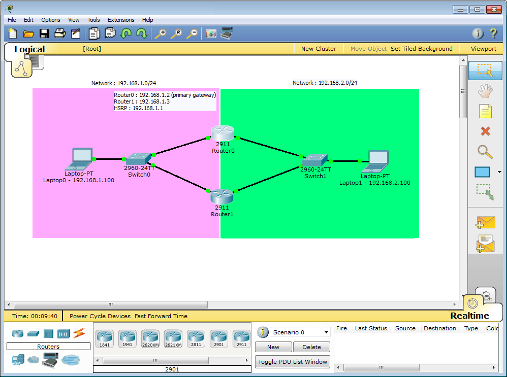 Packet Tracer 6.0.1 - HSRP topology example with Cisco 2901 ISR routers