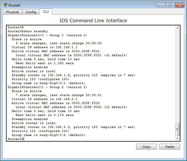 Packet Tracer 6.0 - HSRP active router (ISR 2911) with preemption enabled