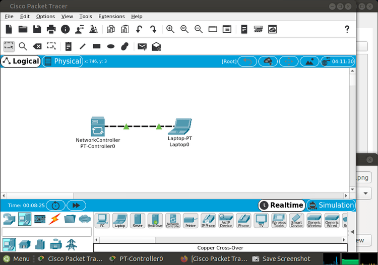 Packet Tracer 7.4.0T new Network Controller connected to PC device with crossover cable
