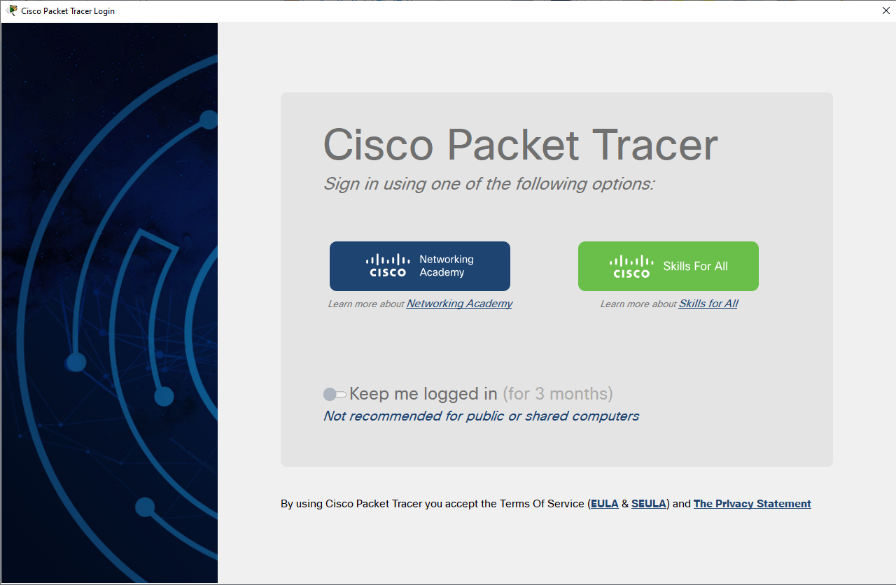 Cisco Packet Tracer 8.0.1 Netacad and SkillsForAll login page