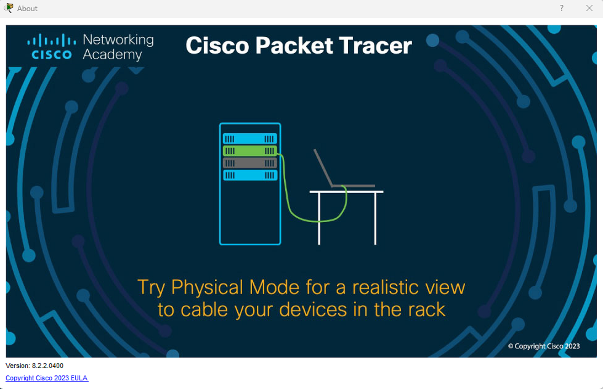 Cisco Packet Tracer 8.2.2 build 8.2.2.0400 splash screen